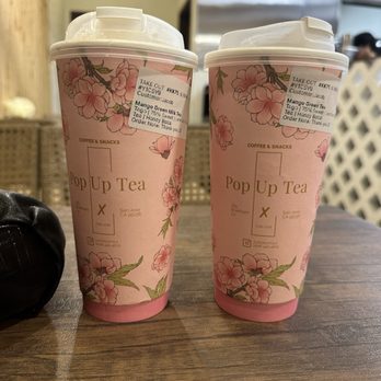 Pop Up Tea, Coffee & Snacks - Left: Mango Green milk tea Right: Mango Green Tea - Bubble Tea Near Me - San Jose, California Pop Up Tea, Coffee & Snacks - Left: Mango Green milk tea Right: Mango Green Tea - Bubble Tea Near Me - San Jose, California