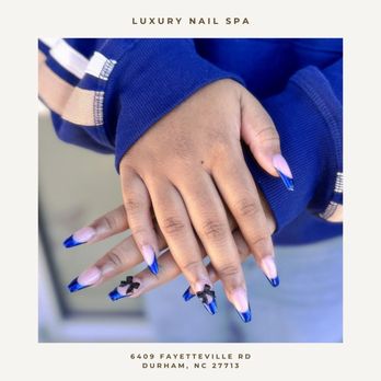 Luxury Nail Spa - Blue French tips with Bow design - Nail Salons Near Me - Durham, North Carolina