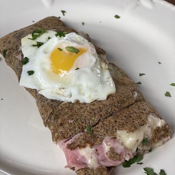 French Alpine Bistro - The Classic--Buckwheat crêpe, jambon de Paris, melted Gruyere and Swiss Emmentaler, over easy fried egg - French Near Me - Aspen, Colorado French Alpine Bistro - The Classic--Buckwheat crêpe, jambon de Paris, melted Gruyere and Swiss Emmentaler, over easy fried egg - French Near Me - Aspen, Colorado