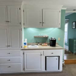 Peacock House - Kitchenette area in Peacock Suite - mini fridge, coffee maker, sink, wine glasses, and more.
