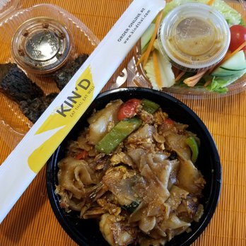 Kin'd - Lunch special takeout with salad, chives pancakes and shrimp Drunken noodle (medium). All for $15 including tax and tips. - Thai Near Me - Fresh Meadows, New York