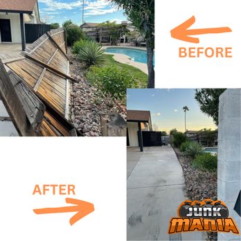 Junk Mania - Before/After of Storm Damage on wood fence. Light Demo on Wood Fence/Junk Removal in Phoenix, Arizona - Junk Removal & Hauling Near Me - Glendale, Arizona Junk Mania - Before/After of Storm Damage on wood fence. Light Demo on Wood Fence/Junk Removal in Phoenix, Arizona - Junk Removal & Hauling Near Me - Glendale, Arizona