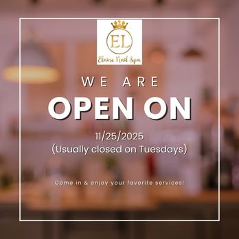 Elaine Nail Spa - SPECIAL ANNOUNCEMENT
Dear Valued Customers,
We're excited to share a special schedule update for you! - Nail Salons Near Me - Powell, Ohio Elaine Nail Spa - SPECIAL ANNOUNCEMENT
Dear Valued Customers,
We're excited to share a special schedule update for you! - Nail Salons Near Me - Powell, Ohio