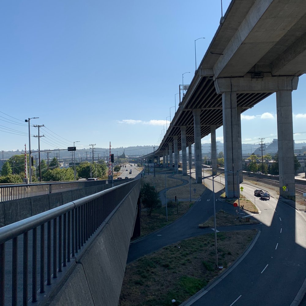 Spokane Street Bridge - View from the top of the stairway looking east towards Harbor Island. - Landmarks & Historical Buildings Near Me - Seattle, Washington Spokane Street Bridge - View from the top of the stairway looking east towards Harbor Island. - Landmarks & Historical Buildings Near Me - Seattle, Washington