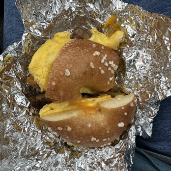 The Bagel Shop - Salt bagel with bacon, egg, and cheese (peppered bacon) - Bagels Near Me - Homer, Alaska