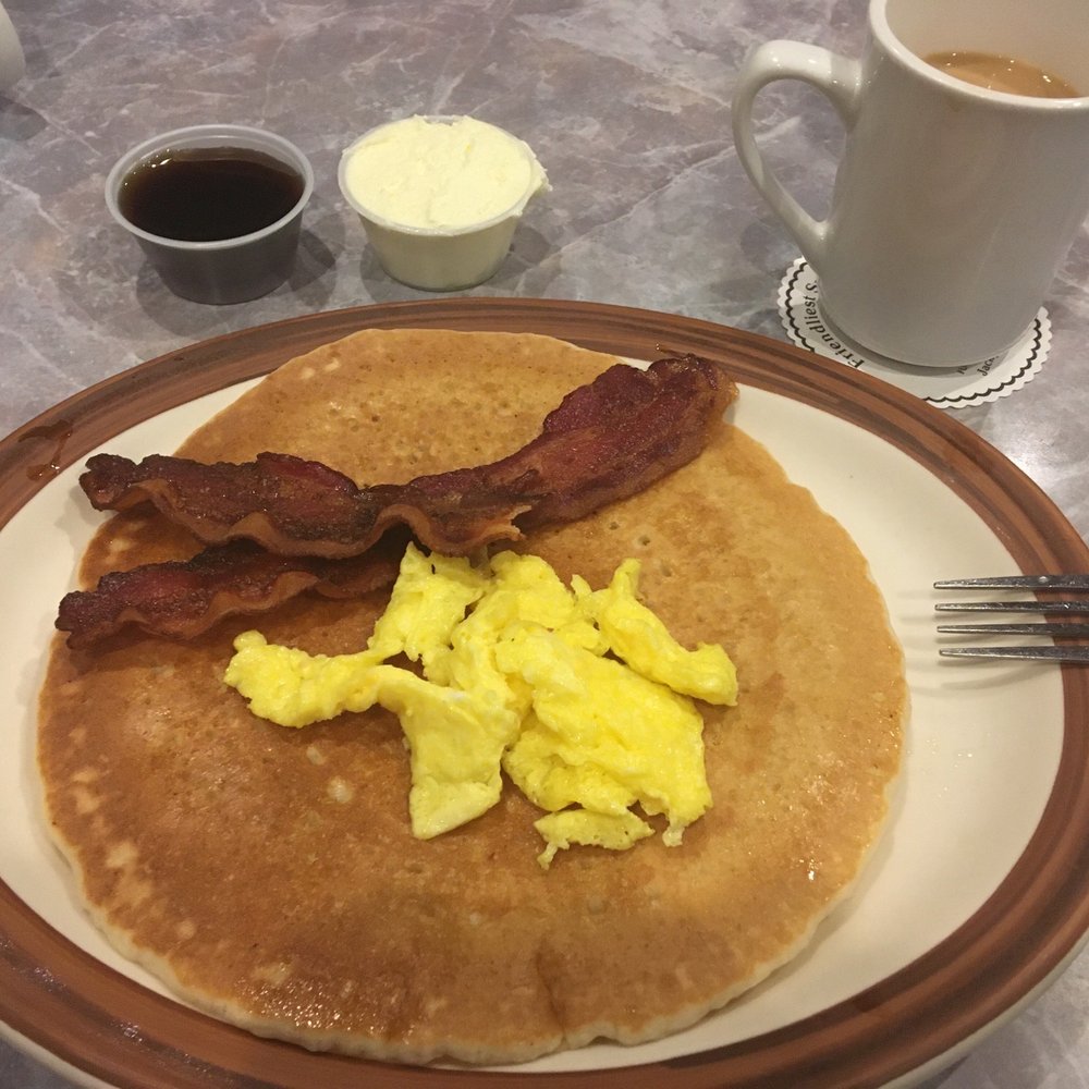 "Senior breakfast" 1 egg, 2 strips of bacon, and a pancake" $4.50!! "Senior breakfast" 1 egg, 2 strips of bacon, and a pancake" $4.50!!