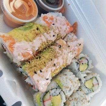 New York Sushi - Pink Dragon Roll & Cali Roll - Requested: side eel & spicy sauce, and no wasabi, ginger or soy upon request. - Japanese Near Me - Livonia, Michigan