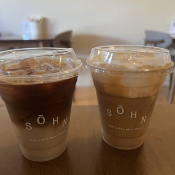Sohn - banana oatmilk latte (left)  & cream top latte (right) - Cafes Near Me - San Francisco, California