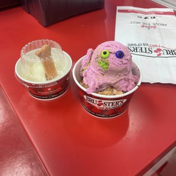 Bruster's Real Ice Cream - We took home a doggy sundae (left) and my son had a Monster ice cream concoction (right) to get us in the Halloween spirit - Desserts Near Me - Whittier, California Bruster's Real Ice Cream - We took home a doggy sundae (left) and my son had a Monster ice cream concoction (right) to get us in the Halloween spirit - Desserts Near Me - Whittier, California