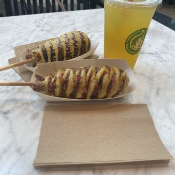 CrunCheese Korean Hot Dog - Squid ink corn dogs (mozzarella and hotdog) and mango lemonade - Hot Dogs Near Me - Arcadia, California CrunCheese Korean Hot Dog - Squid ink corn dogs (mozzarella and hotdog) and mango lemonade - Hot Dogs Near Me - Arcadia, California