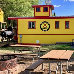 Durango KOA - The Caboose Cafe where breakfast is served from Memorial Day to Labor Day.  Pancakes, bacon, sausage and croissant breakfast sandwiches.
