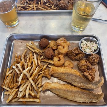 2 Crazy Fellas - Pick 3-catfish, shrimp and oysters. My boyfriend made a wonderful point, smaller plates would present this dish much better. - Cajun/Creole Near Me - Olive Branch, Mississippi