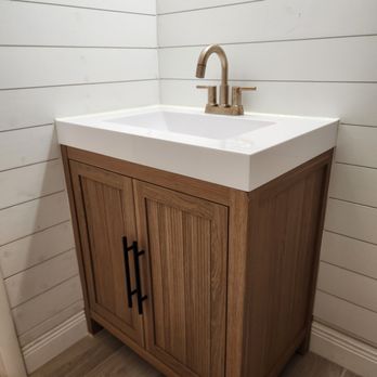 Abdo Home Services - This customer called me in to complete a bathroom - I added shiplap to two walls, installed the vanity cabinet and sink, and toilet. - Handyman Near Me - St. Petersburg, Florida Abdo Home Services - This customer called me in to complete a bathroom - I added shiplap to two walls, installed the vanity cabinet and sink, and toilet. - Handyman Near Me - St. Petersburg, Florida