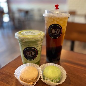 Rooftop Macarons - Durian Matcha Latte, Herbal Tea, salted caramel macaron, pandan coco macaron IG: erikaeatss_ - Macarons Near Me - Sacramento, California