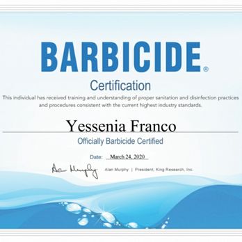 The Sugaring Spot - Certificate with Barbicide - Sugaring Near Me - Chino, California The Sugaring Spot - Certificate with Barbicide - Sugaring Near Me - Chino, California