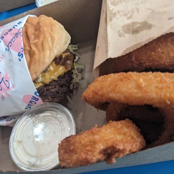 Jeffs' Beach Burgers - Cheeseburger with onion rings. - Burgers Near Me - San Diego, California Jeffs' Beach Burgers - Cheeseburger with onion rings. - Burgers Near Me - San Diego, California
