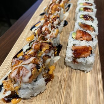 Sushi Moto - Shy Geisha and Spicy Salmon Roll - Sushi Bars Near Me - Cedar Park, Texas Sushi Moto - Shy Geisha and Spicy Salmon Roll - Sushi Bars Near Me - Cedar Park, Texas
