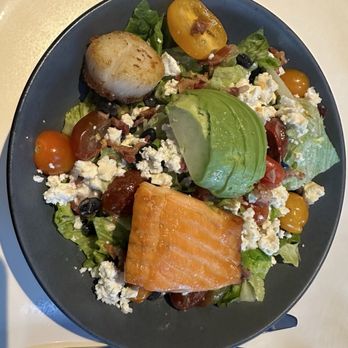 Corinne - Cobb salad with feta cheese with salmon and scallop - Breakfast & Brunch Near Me - Denver, Colorado Corinne - Cobb salad with feta cheese with salmon and scallop - Breakfast & Brunch Near Me - Denver, Colorado