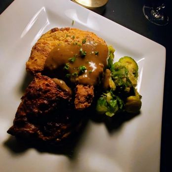 Timothy's - Crispy Pan Fried Chicken Breast, Brussels and Potatoes Gratin - Breakfast & Brunch Near Me - St Louis, Missouri