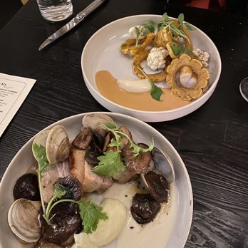 Forsythia - (Top to bottom) Monkfish and crispy pork belly - Modern European Near Me - Philadelphia, Pennsylvania
