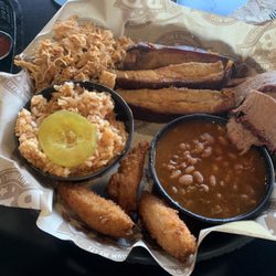Tickle My Ribs - Ribs, pulled chicken, brisket, bbq beans, red slaw, hush puppies.