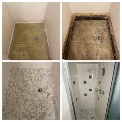 The Grout Medic - Before and after photos of a recent shower project. We removed the old tiles, reinstalled new ones, and brought the shower back to life!