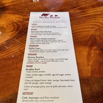 Three Bear Restaurant - Breakfast special menu - American Near Me - West Yellowstone, Montana