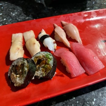 Hello Sushi - N6. Yellowtail Sushi(2pcs) N13. Octopus Sushi(2pcs)N12. Mackerel Sushi(2pcs) N5. Tuna Sushi(2pcs) 5pc C2. Eel Avocado Roll(5pcs) - Sushi Bars Near Me - Fullerton, California Hello Sushi - N6. Yellowtail Sushi(2pcs) N13. Octopus Sushi(2pcs)N12. Mackerel Sushi(2pcs) N5. Tuna Sushi(2pcs) 5pc C2. Eel Avocado Roll(5pcs) - Sushi Bars Near Me - Fullerton, California