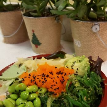 Poki Run - Regular bowl w/ salmon, shrimp, edamame, cucumbers, seaweed salad, avocado, ginger, wasabi, fish eggs on greens and brown rice - Live/Raw Food Near Me - Milpitas, California Poki Run - Regular bowl w/ salmon, shrimp, edamame, cucumbers, seaweed salad, avocado, ginger, wasabi, fish eggs on greens and brown rice - Live/Raw Food Near Me - Milpitas, California