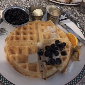 John's Place - Belgium waffle with cream cheese syrup and blueberries. - Breakfast & Brunch Near Me - Victoria, British Columbia