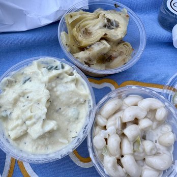 Hollingshead's Delicatessen - Pasta salad, macaroni salad, and artichoke hearts.  Artichoke hearts were very nice. - Delis Near Me - Orange, California
