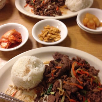 Seoul Bistro - Beef bulgogi with rice, along with some of the side dishes. (Kimchi, fish something and potatoes) - Korean Near Me - Tulsa, Oklahoma