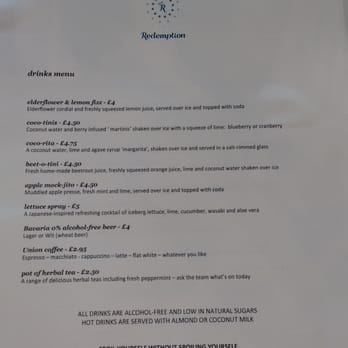 Redemption - Drinks menu - Bars Near Me - London, XGL Redemption - Drinks menu - Bars Near Me - London, XGL