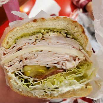 Bara's Deli - Turkey,  pesto, provolone on Dutch crunch.   So big I couldn't fit it in my mouth in one bite! - Delis Near Me - San Leandro, California