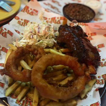Phil's BBQ - Beefy Rib Tickler (huge rib & huge onion rings) - Barbeque Near Me - Santee, California