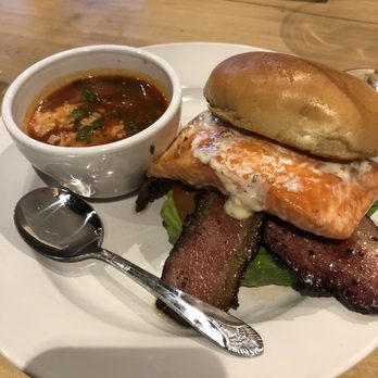 Copper House - Salmon BLT with side of tomato basil soup - Bars Near Me - Evansville, Indiana Copper House - Salmon BLT with side of tomato basil soup - Bars Near Me - Evansville, Indiana