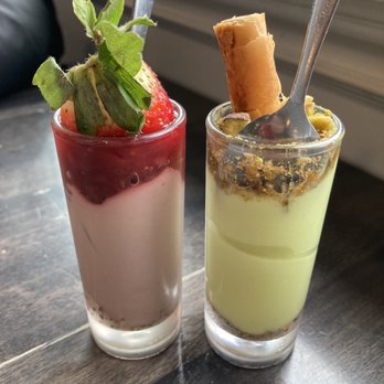 Lake House Restaurant - Mini desserts $5 each. Vegan strawberry cheesecake and baklava pudding - Mediterranean Near Me - Vineland, Ontario