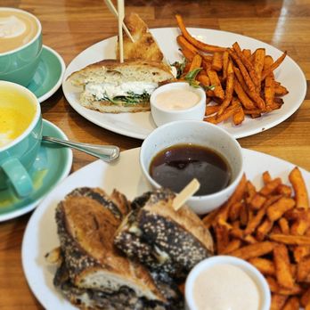 Cafe Flora - Cappuccino, Golden Milk, Portabello Mushroom French Dip, Peach and Buratta Sandwich. - Vegetarian Near Me - Seattle, Washington Cafe Flora - Cappuccino, Golden Milk, Portabello Mushroom French Dip, Peach and Buratta Sandwich. - Vegetarian Near Me - Seattle, Washington