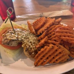 Buffalo chicken sandwich with no bun and Sweet Potato Fries Buffalo chicken sandwich with no bun and Sweet Potato Fries