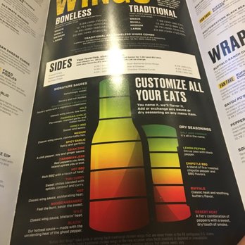 Buffalo Wild Wings - This is there classic menu with a list of all the different flavors for boneless or traditional wings, ranked from least to most spicy - Sports Bars Near Me - Bellingham, Washington Buffalo Wild Wings - This is there classic menu with a list of all the different flavors for boneless or traditional wings, ranked from least to most spicy - Sports Bars Near Me - Bellingham, Washington