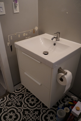 Floating vanity installation and tile match/repair. - This homeowner is handy and capable of most DIY projects. We were brought in to repair tile and install a floating vanity before they continue with other cosmetic upgrades. We love assisting homeowners with pars of a renovation. They save money over hiring out a whole renovation crew & we save them time by knocking out some of the more technical steps. Floating vanity installation and tile match/repair. - This homeowner is handy and capable of most DIY projects. We were brought in to repair tile and install a floating vanity before they continue with other cosmetic upgrades. We love assisting homeowners with pars of a renovation. They save money over hiring out a whole renovation crew & we save them time by knocking out some of the more technical steps.