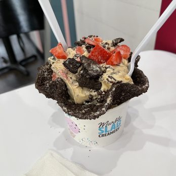 Marble Slab Creamery - Oreo Cone cup One Scoop Caramel Macchiato with Strawberries, Oreo Crumbs and Chocolate Sprinkles - Ice Cream & Frozen Yogurt Near Me - Houston, Texas Marble Slab Creamery - Oreo Cone cup One Scoop Caramel Macchiato with Strawberries, Oreo Crumbs and Chocolate Sprinkles - Ice Cream & Frozen Yogurt Near Me - Houston, Texas
