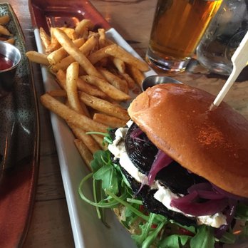 The Corner Drafthouse - Grilled Portobello Burger with a side of fries. Great burger, but a little too much bleu cheese. - Gastropubs Near Me - San Diego, California