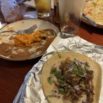 Casamigos Mexican Restaurant - Sorry started eating before pics, Carnitas Street tacos with rice & beans - Mexican Near Me - Conway, New Hampshire