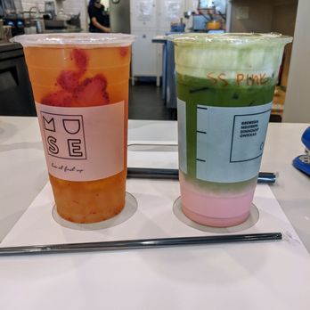 Muse Tea - Strawberry/Peach Fruit Tea and Pink Matcha Latte w/ sea salt foam - Bubble Tea Near Me - Houston, Texas Muse Tea - Strawberry/Peach Fruit Tea and Pink Matcha Latte w/ sea salt foam - Bubble Tea Near Me - Houston, Texas