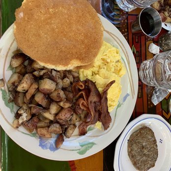 Blue Heaven - Rooster Special  Two Eggs, Potatoes, Bacon, Spicy Sausage and Pancakes. - Breakfast & Brunch Near Me - Key West, Florida