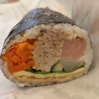 Kimbap Karah - Spam Tuna Mayo 스팸참치  $12.50  Carrot, Egg, White Pickled Radish, Fishcake, Cucumber, Tuna Mayo, Spam, Perilla Leaf, Romaine Lettuce - Korean Near Me - North York, Ontario