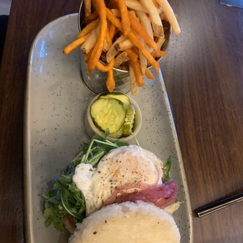 Miyazaki - Hamburger in a rice bun, with a side of sweet potato  and regular fries - Japanese Near Me - Murray, Utah