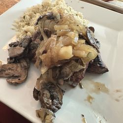 Ackerly's Grill & Galley - Gluten free steak tips with rice and mushrooms