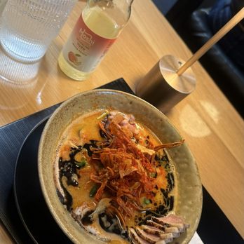 Mensho Ramen - Garlic Spicy Ramen w/ 6 added slices of duck (medium) Moshi white peach - Ramen Near Me - Phoenix, Arizona Mensho Ramen - Garlic Spicy Ramen w/ 6 added slices of duck (medium) Moshi white peach - Ramen Near Me - Phoenix, Arizona